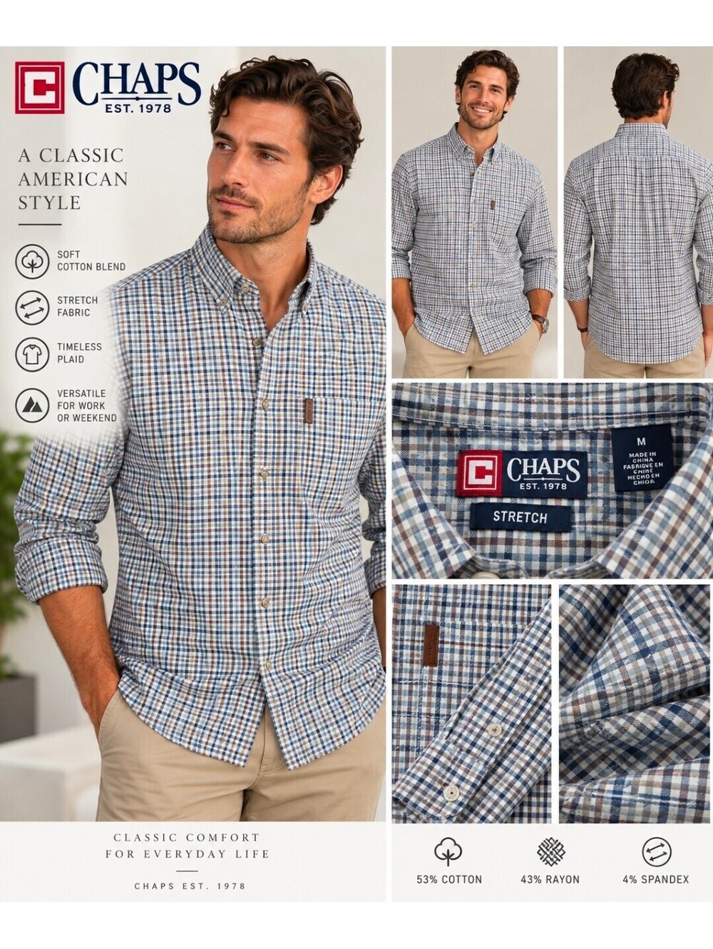 CHAPS Men’s Medium Stretch Plaid Button Down Shirt Blue Brown Cotton Blend